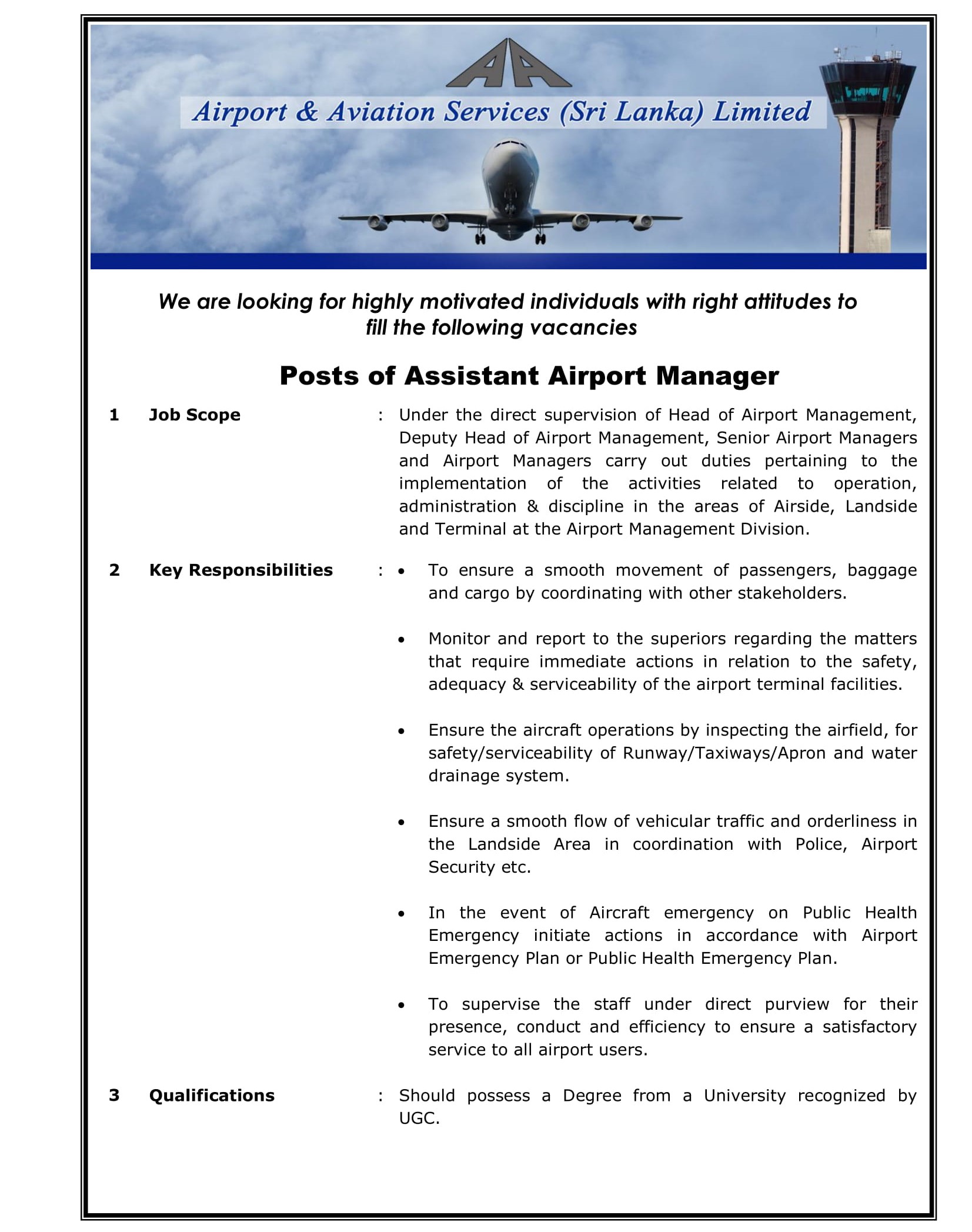 Assistant Airport Manager - Airport & Aviation Services (Sri Lanka) Limited